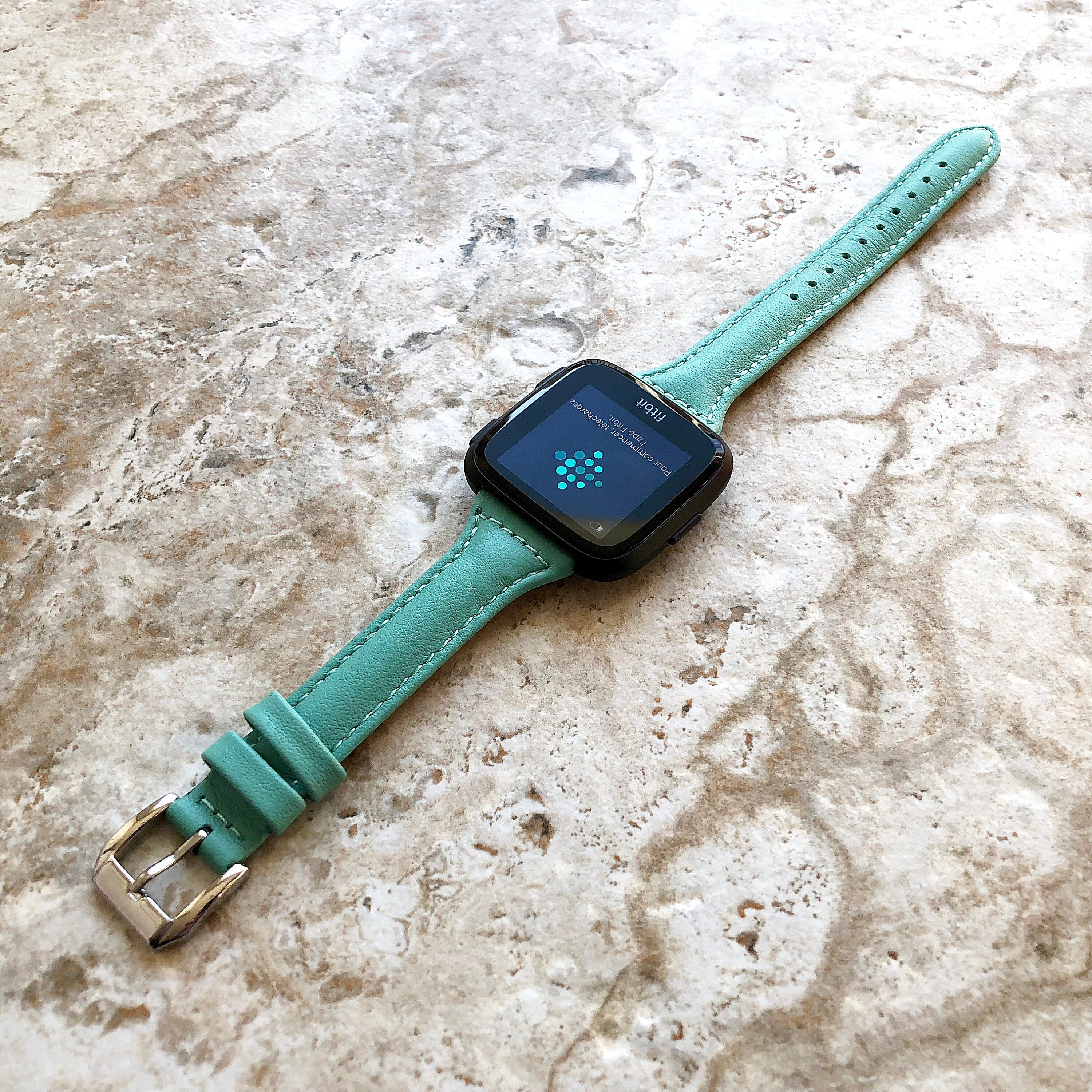 Fitbit Versa Lite 2 3 4 Sense 2 Band Green Slim Elegant Leather Strap with Stitching Details Quick Release Pins Adapters Silver Rose Gold